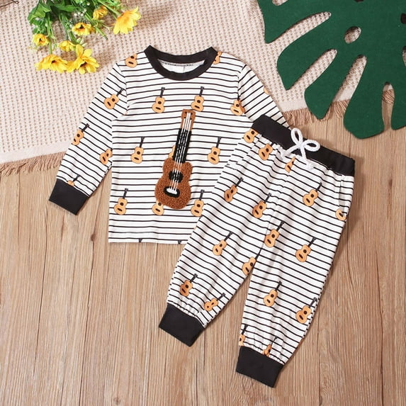 Trupants Kids Boys Guitar Print Outfit Set - Multicolor Black White Striped Nylon Spandex with Adjustable Waist & Plush Accent 6M-3Y,Size 6 Months