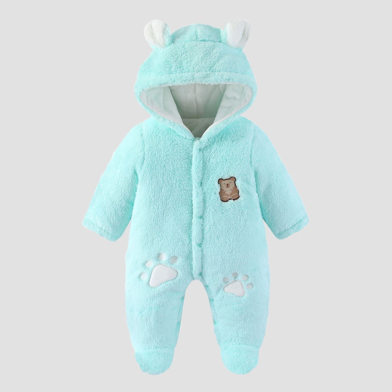 FAIOROI Kids Girl Bear Onesie Winter - Green Footed Kids Jumpsuit with Front Zipper, Quilted Lining, Plush Ears, Warm for 0-12M Daily Wear/Photo Shoots,Size 1 T