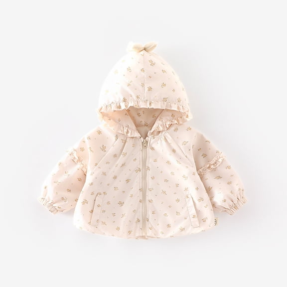 fnnxnal Kids Girl Beige Floral Jacket - 6M-4Y, Polyester Soft Hooded Coat with Bow/Ruffles, Front Zipper Pockets, Light Outerwear for Outings/Park Walks,Size 3 T