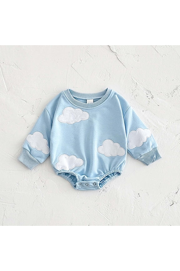 Kids Girl Cotton Romper - Long Sleeve Blue Cloud Design, Snap Closure, Soft Breathable, 3-18 Months Kids One-Piece,Size 6 Months