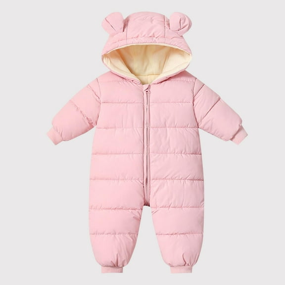 fnnxnal Kids Girl Pink Winter Puffer Snowsuit - 0-2Y Kids Warm One-Piece Jumpsuit with Bear Ears, Full-Zip & Quilted Lining for Outdoor/Daily Wear,Size 5 Months