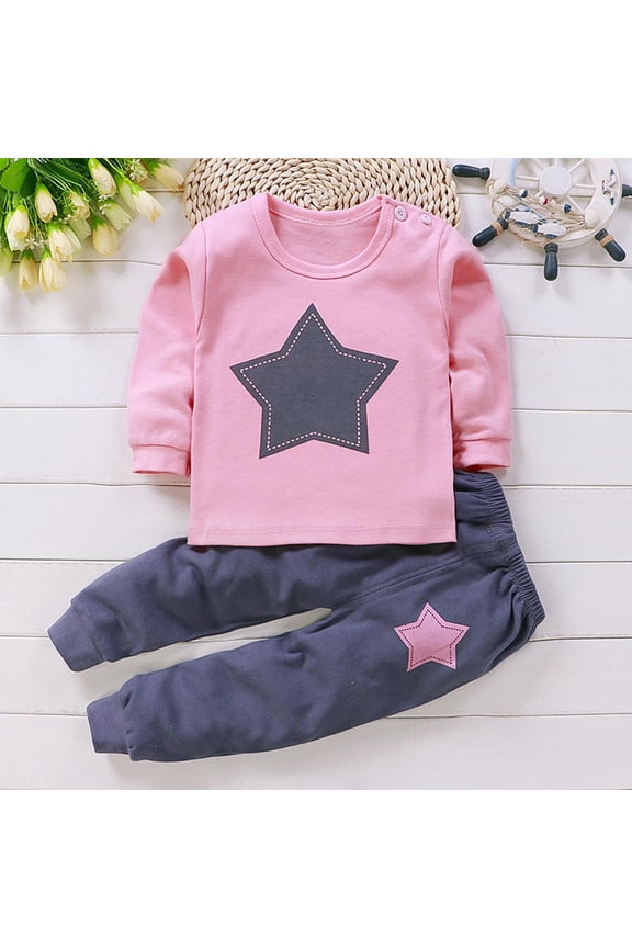 Kids Girl Purple Cotton Outfit Set - 100% Soft Breathable Star Print Top & Pants, Easy Dress Elastic Waist, Sizes 3M-6T for Daily Wear/Playdates/Gifting,Size 2 T