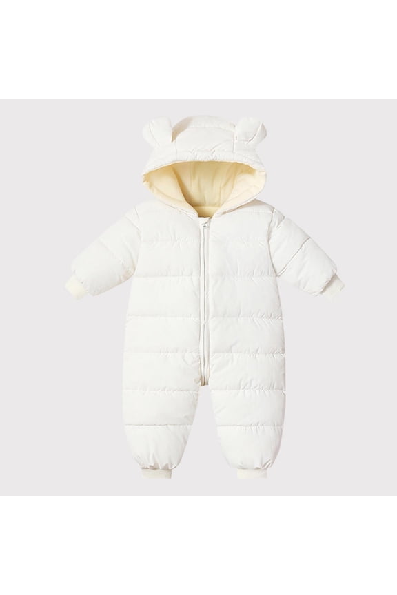 Kids Girl White Winter Snowsuit - 0-2Y Kids Warm Puffer One-Piece Jumpsuit with Bear Ears, Full-Zip & Quilted Lining for Outdoor/Daily Wear,Size 2 T