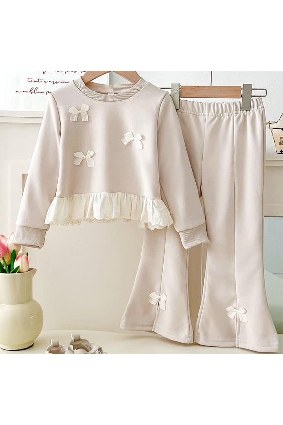 Kids Girls Beige Outfit Set 2-7Y - 100% Cotton Crew Neck Sweatshirt & Flared Pants with Bow & Lace, Soft Breathable for Daily Wear/Playdates,Size 7 T