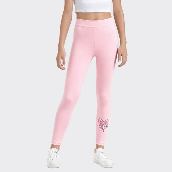 fnnxnal Kids Girls' Pink Fleece Lined Leggings - Stretchy High Waisted Leggings with Pink Butterfly Graphic, Warm Winter Leggings for Girls 8-16, 1PC,Size 3-4T