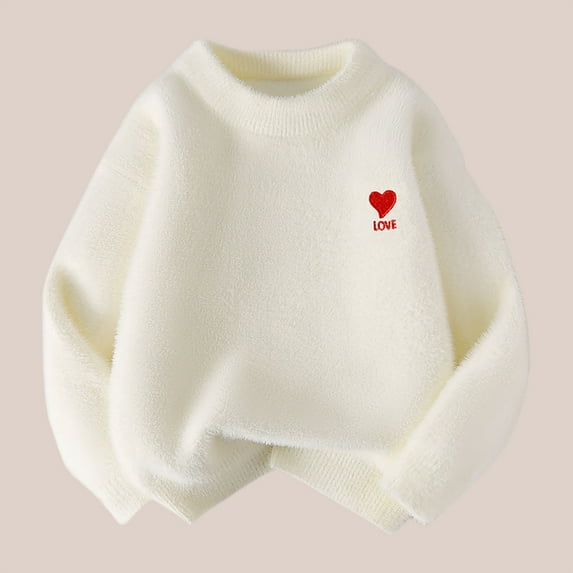 fnnxnal Kids Knit Cotton Sweater, Toddler 3T White with Red Heart LOVE Embroidery, Soft Crew Neck Loose Fit, Comfortable for Daily Wear & School