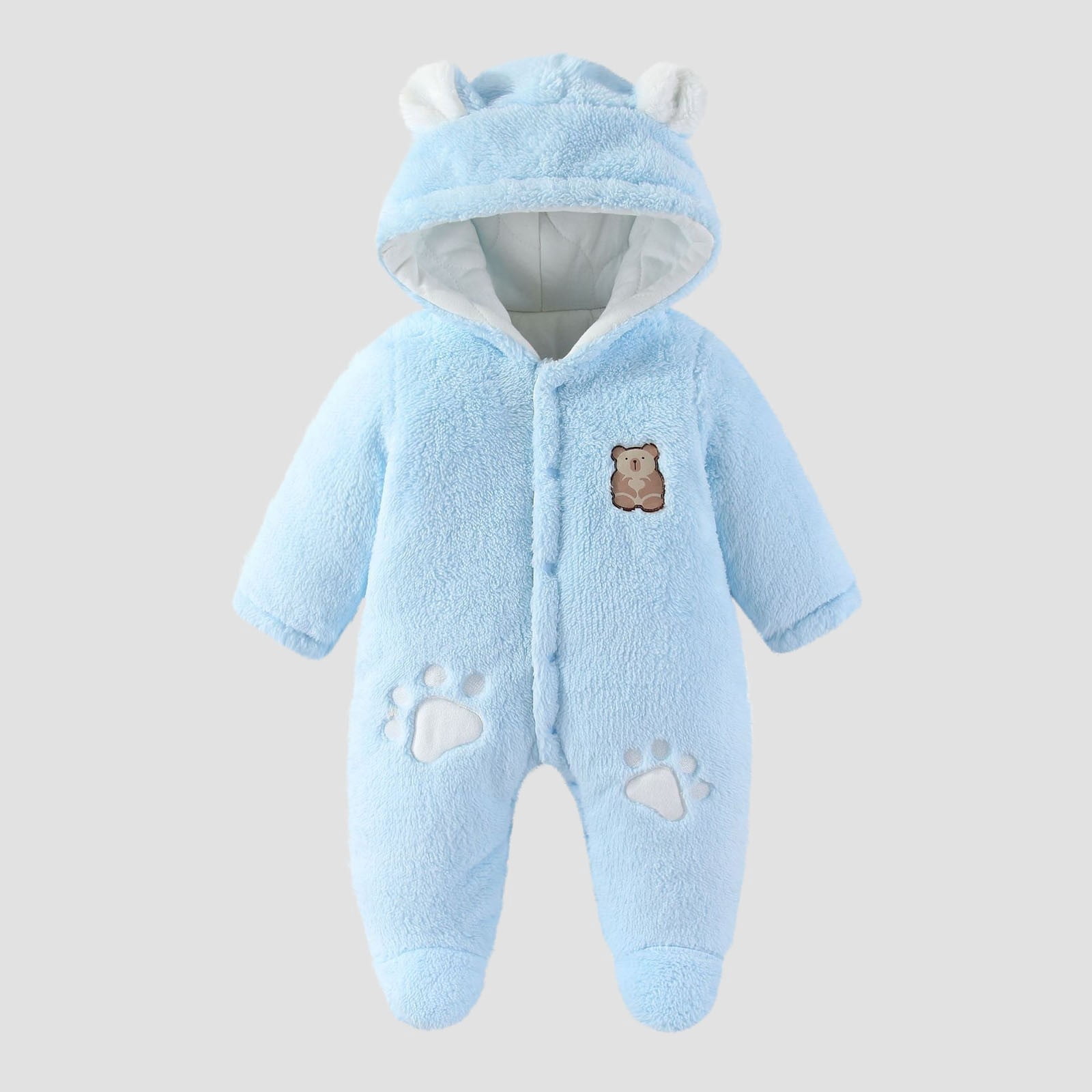 FAIOROI Light Blue Kids Girl Bear Onesie - Warm Footed Kids Jumpsuit with Front Zipper & Quilted Lining, Plush Ears, Fall/Winter Wear for 0-12M Daily/Photo Use,Size 6 Months