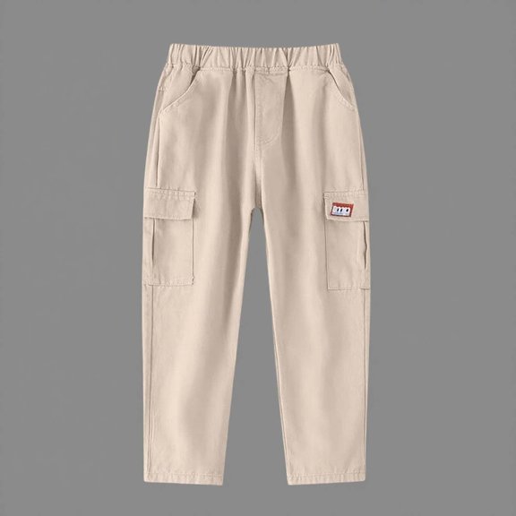 FAIOROI Little Boys Cargo Pants 5T Beige - Cotton, Elastic Waist with Pockets, Breathable & Durable