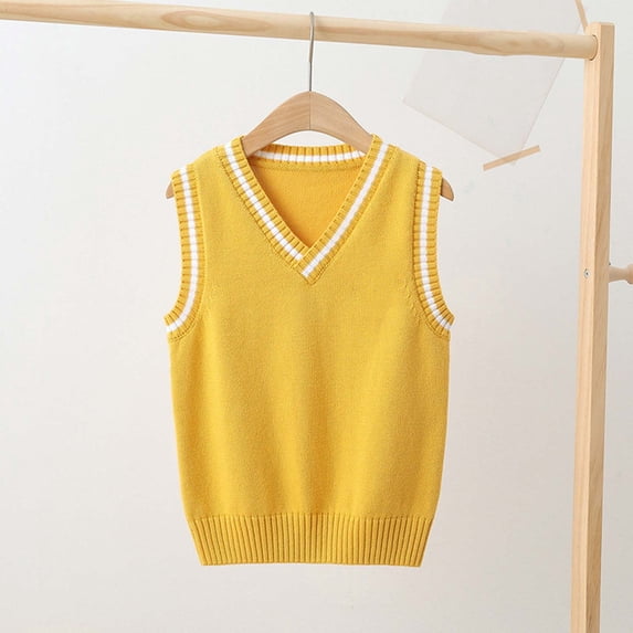 fnnxnal Little Boys' Yellow Knit Cotton Vest - 5-6T, Preppy V-Neck Sleeveless, Breathable School Uniform Layering, Vintage Casual Wear for Active Kids