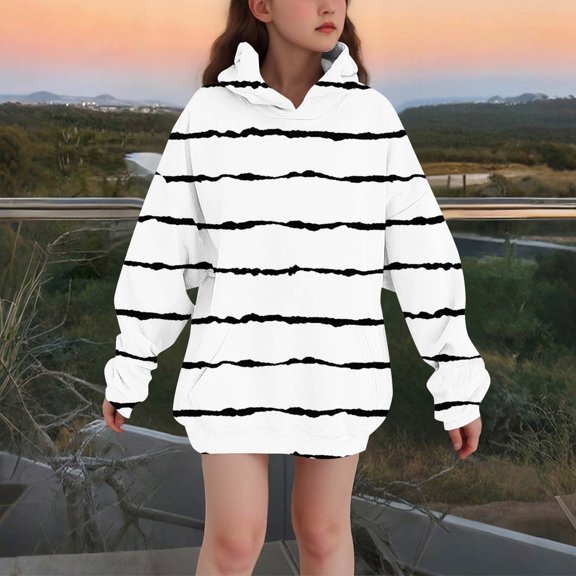 FAIOROI Little Girls 5-6T White Striped Hoodie - Oversized Relaxed Fit, Polyester Spandex, Machine Washable for School/Loungewear, Budget-Friendly