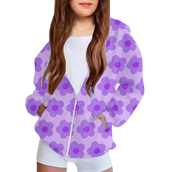 FAIOROI Little Girls 5T Purple Floral Zip Up Hoodie - 100% Polyester, Comfortable, Durable, Full Zip with Kangaroo Pockets