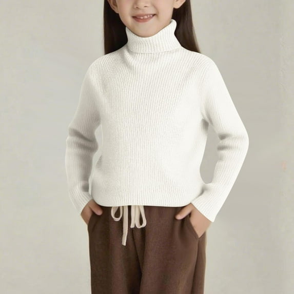 fnnxnal Little Girls 5T White Turtleneck Sweater - Knitting Cotton, Hypoallergenic Warm, Adjustable Hem, Fall Winter Soft Sweater