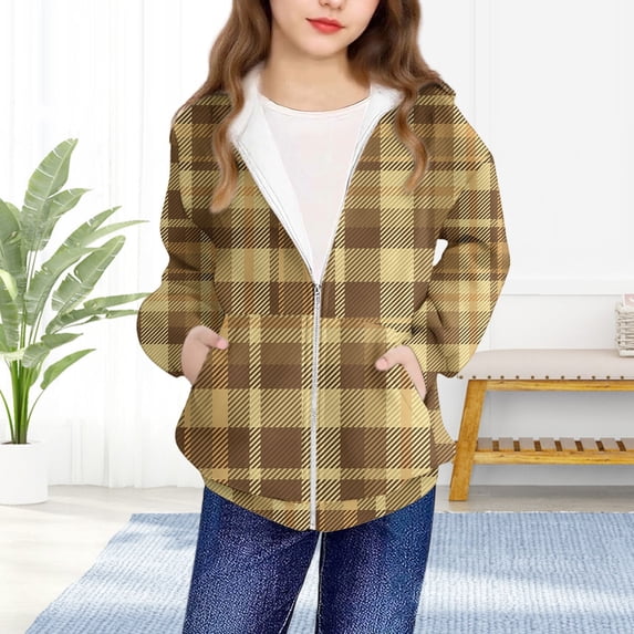 FAIOROI Little Girls 5T Yellow Plaid Zip-Up Hooded Jacket - 100% Polyester, Durable for Spring & Fall