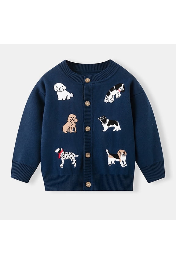 Little Girls 6T Cardigan Dark Blue - Cute Dog Motifs, 100% Polyester, Button-Front, Machine Washable for Spring Fall