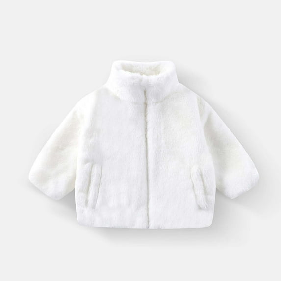 fnnxnal Little Girls 6T White Faux Fur Jacket - Warm Winter Coat, Machine Washable with Pockets, Cruelty-Free Soft Polyester, Fall Outerwear for Kids
