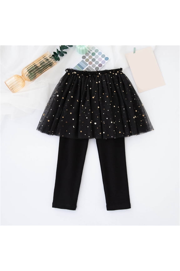 Little Girls Black Skirted Leggings - 5T 2-in-1 Tutu Leggings with Sparkle Star Moon, Soft Polyester & Elastic Waist, Perfect for Daily Wear/School/Parties