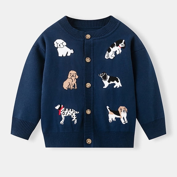 FAIOROI Little Girls Cardigan 5T Dark Blue - Cute Dog Motifs, 100% Polyester, Button-Front, Machine Washable for Spring Fall