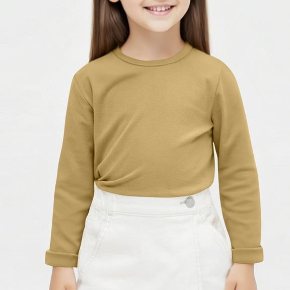 fnnxnal Little Girls' Cotton Long Sleeve Shirt, 6T Yellow, Crew Neck, Comfortable Breathable Everyday School Top