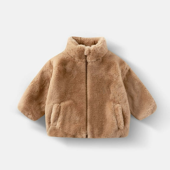 fnnxnal Little Girls Faux Fur Jacket 6T Khaki - Warm Winter Coat, Soft Fuzzy, Machine Washable with Pockets, Stand Collar, Durable for Everyday Wear