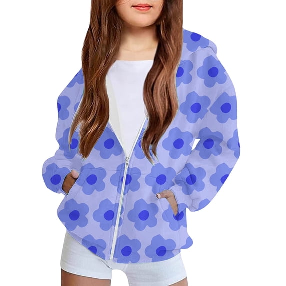 FAIOROI Little Girls' Floral Zip Up Hoodie - Blue, 5T, 100% Polyester, Durable, Easy Care, Full Zip