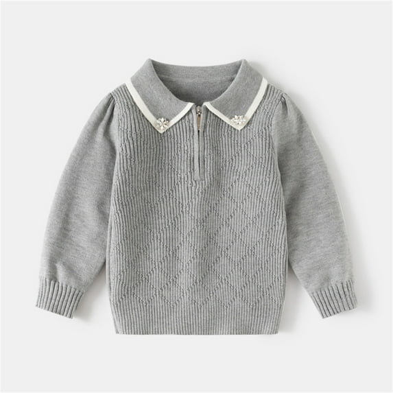 fnnxnal Little Girls Gray Sweater 5T - Peter Pan Collar Half Zip, Soft Knitted Cotton, Breathable Durable, Versatile School Casual Outfit