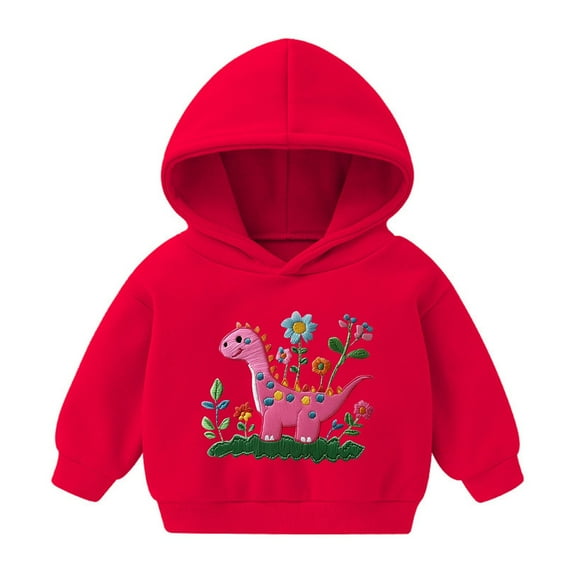fnnxnal Little Girls' Hoodie 5T Red, 100% Polyester Lightweight Quick-Drying with Dinosaur & Floral Embroidery Print for Ages 2-8