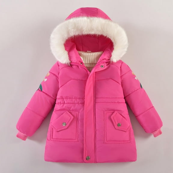 fnnxnal Little Girls' Hot Pink Puffer Jacket 5T - Warm Winter Coat with Faux Fur Hood, Pockets, Waterproof Nylon Spandex