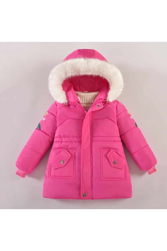 Little Girls' Hot Pink Puffer Jacket 5T - Warm Winter Coat with Faux Fur Hood, Pockets, Waterproof Nylon Spandex