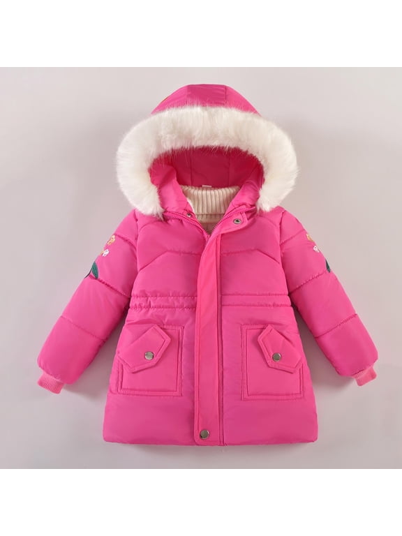 Little Girls' Hot Pink Puffer Jacket 5T - Warm Winter Coat with Faux Fur Hood, Pockets, Waterproof Nylon Spandex