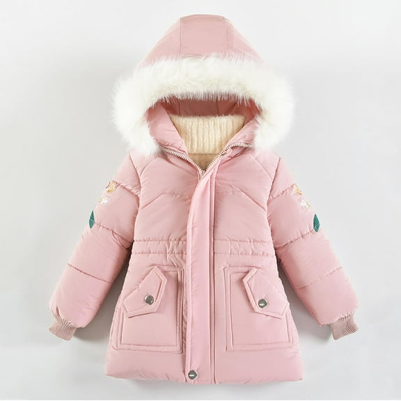 fnnxnal Little Girls' Insulated Winter Coat - 5T Pink, Warm Hooded with Faux Fur Trim, Waterproof Nylon, Pockets, Stretchy Kids Jacket for 5-Year-Old