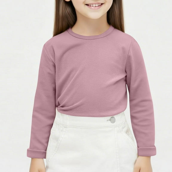 fnnxnal Little Girls' Pink Cotton Long Sleeve Shirt, 6T - Crew Neck, Soft & Versatile - Comfortable for Daily Wear & School
