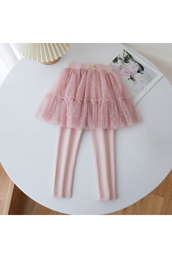Little Girls Pink Skirted Leggings - 5T Tutu Style, 100% Polyester Soft Durable, Layered Tulle Polka Dots, Bow Waist for Daily Wear/Party/Dance