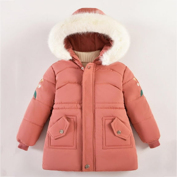 fnnxnal Little Girls Puffer Coat - 5T Red, Warm Winter Jacket with Fur Trim Hood, Pockets, Water-Resistant Nylon Spandex