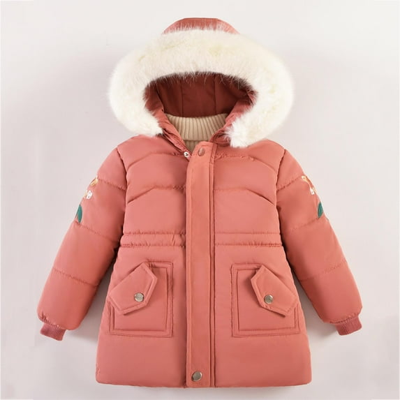 fnnxnal Little Girls Puffer Coat - 5T Red, Warm Winter Jacket with Fur Trim Hood, Pockets, Water-Resistant Nylon Spandex