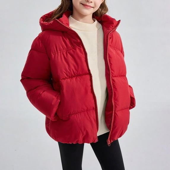 fnnxnal Little Girls' Puffer Jacket 5-6T Red - Warm Hooded Winter Coat with Pockets, Durable Lightweight Easy-Care Outerwear