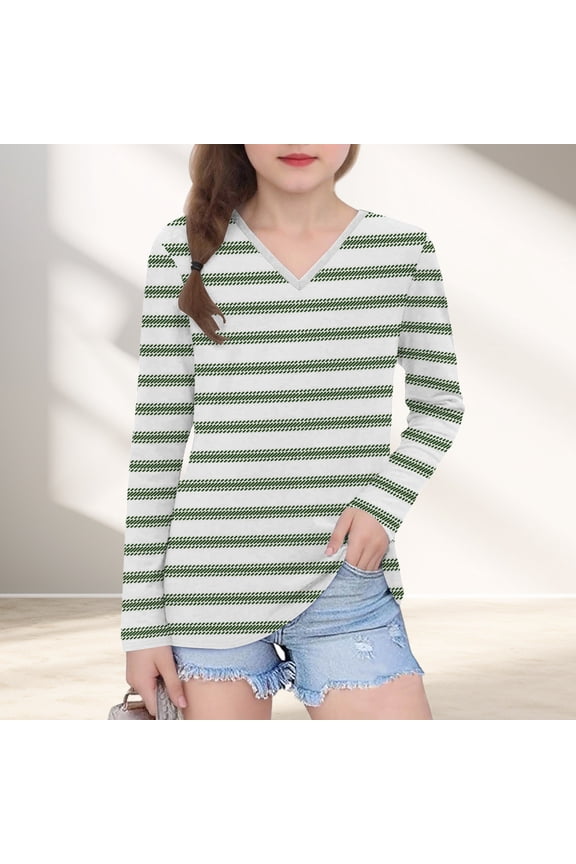 Little Girls Striped Long Sleeve Top - 5T Green, Polyester Spandex Blend, Soft Easy Care for Everyday Wear
