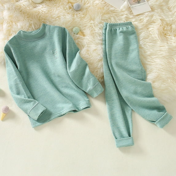 fnnxnal Little Girls Thermal Underwear Set 5T Green - 100% Cotton Long Johns, Skin-Friendly Warm Base Layer with Teddy Embroidery