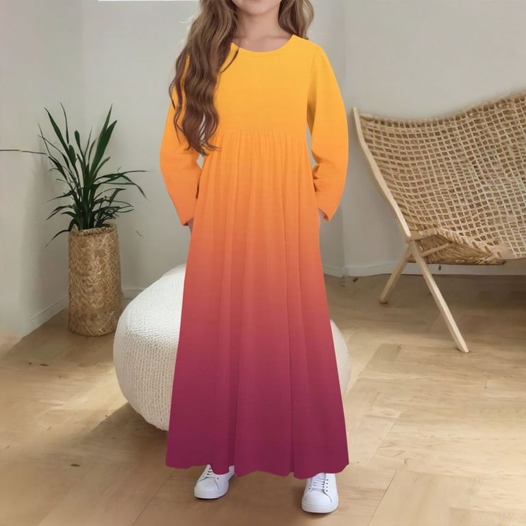 fnnxnal Big Girls 13-14T Navy Ombre Long Sleeve Maxi Dress - Side Pockets,  Smocked Waist & Soft Stretch Polyester Spandex for Daily Wear & Family ...