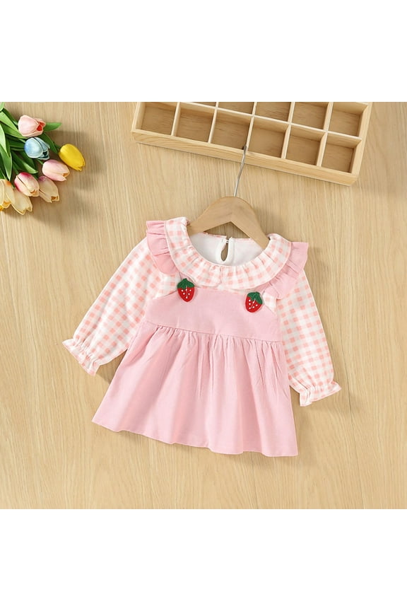 Newborn Girl Dress 100% Cotton - Faux Two-Piece Long Sleeve Ruffled Collar Strawberry Embroidered, Pink, 3 Months