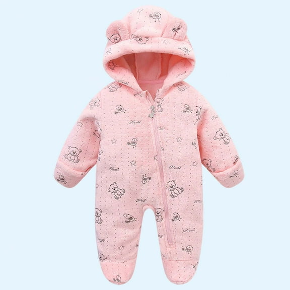 fnnxnal Newborn Hooded Footed Jumpsuit - 3 Months Pink, Soft Polyester Warm Romper for Fall Winter, Easy Diaper Change with Smooth Zipper