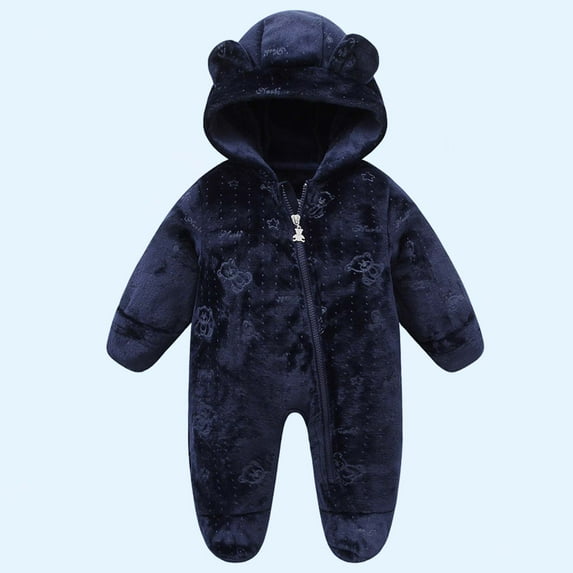 fnnxnal Newborn Hooded Footed Jumpsuit - 6 Months Navy, Warm 100% Polyester with Full Zipper & Playful Prints for Fall/Winter Easy Dressing