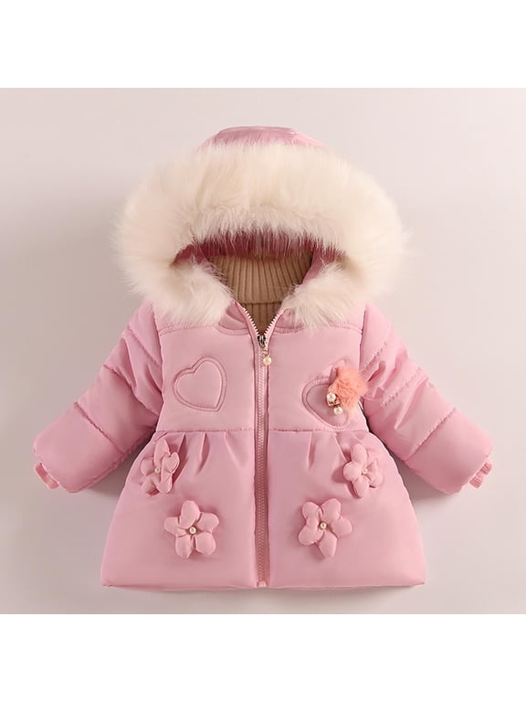 Pink 5T Little Girls' Winter Coat - Cute Furry Hood, Flower Heart Accents, Warm Zipper Jacket, Durable Nylon Spandex