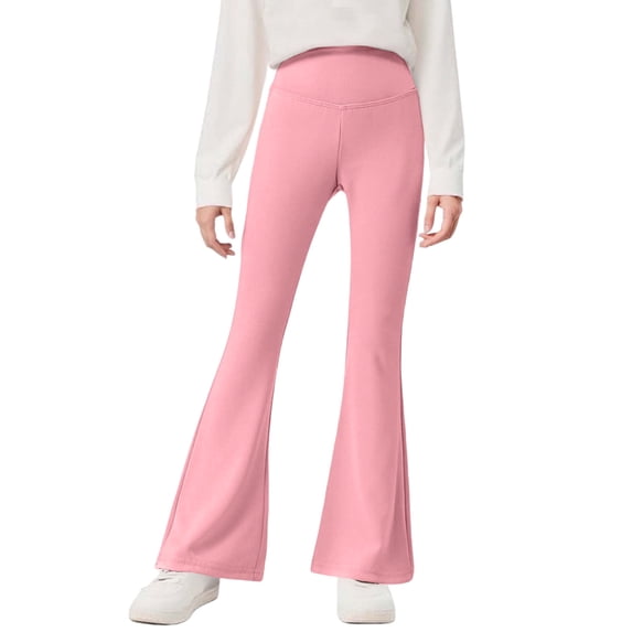FAIOROI Pink High-Waisted Flare Pants for Girls - Nylon Spandex, Vintage Style, Comfortable for School/Dance, Sizes 110-170 (Ages 4-12),Size 4 T