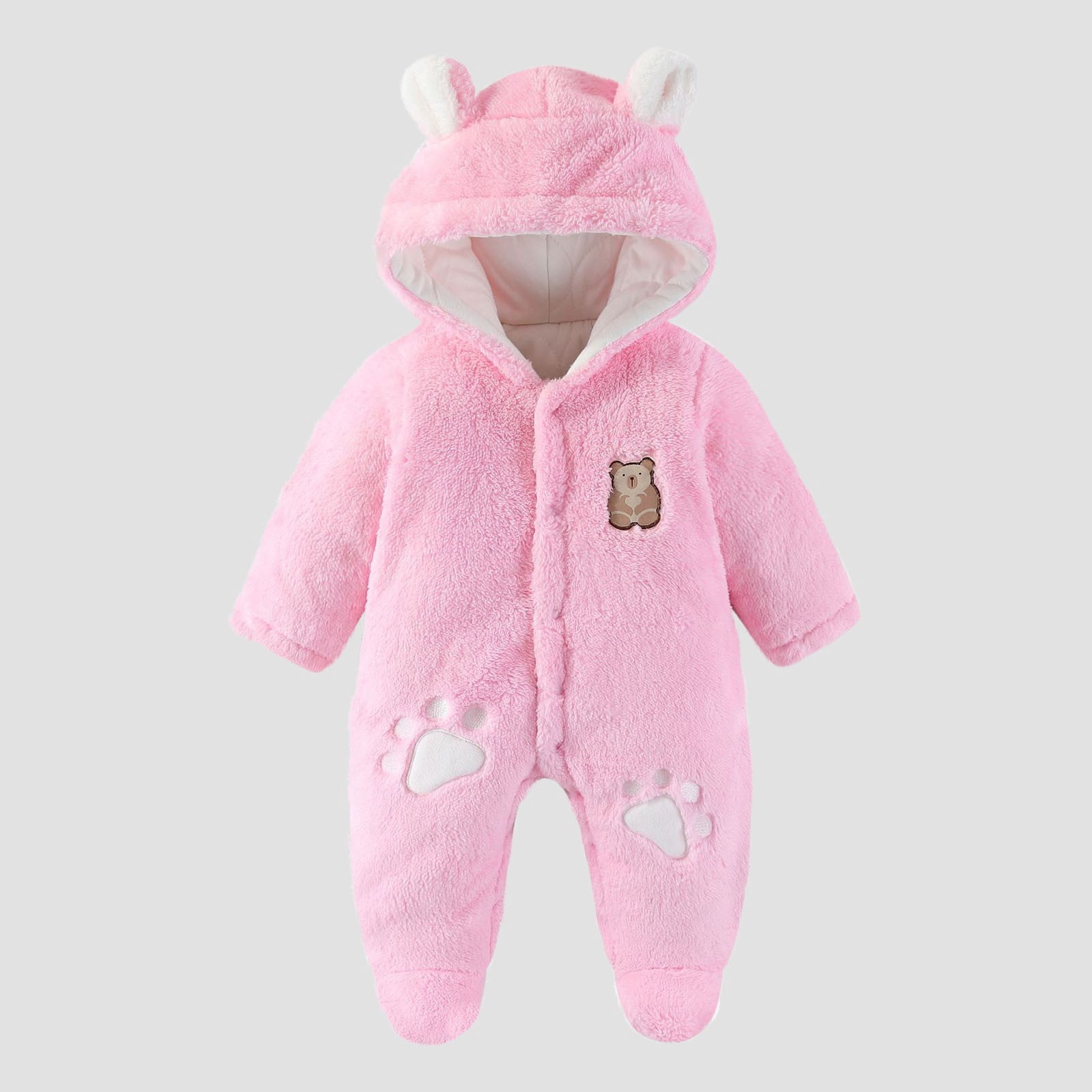 FAIOROI Pink Kids Girl Bear Onesie Winter - Warm Footed Kids Jumpsuit with Quilted Lining, Front Zipper & Plush Ears, Fall Daily Wear/Photo Outfit for 0-12M,Size 3 Months