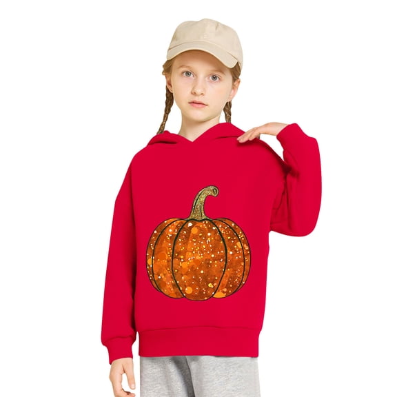 Trupants Red Girls' Pumpkin Print Hoodie - 100% Polyester Soft Festive Wear for 2-8 Years, Hall-oween Thanksgiving Casual Active Kids Hoodie,Size 4 T