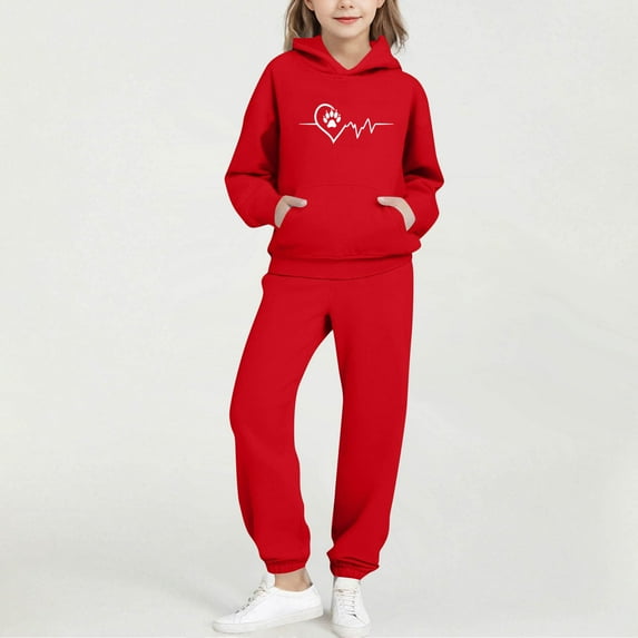 fnnxnal Red Girls' Tracksuit Set - 100% Polyester Soft Hoodie & Joggers, Heart Paw Print Design, Comfortable Kids Activewear for Ages 2-13,Size 7 T