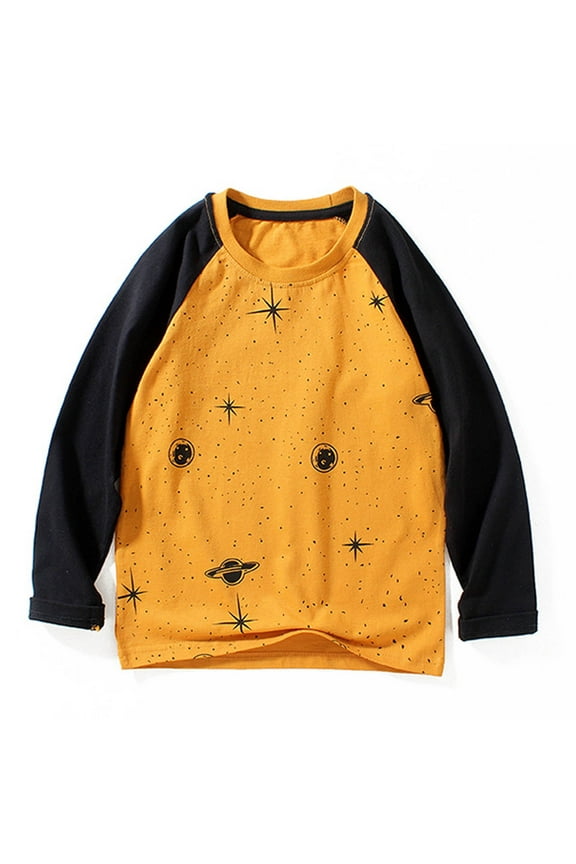 Space Themed Cotton Kids Top for Little Boys, Raglan Sleeve Graphic T-Shirt, Yellow Color, 5-6T Size, Soft Breathable Daily Wear