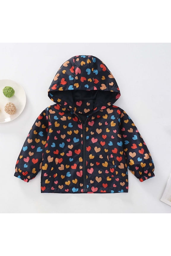 Toddler 4T Black Jacket - Hooded, Water-Resistant Heart Print, Full Zip, Durable Polyester, Easy Care