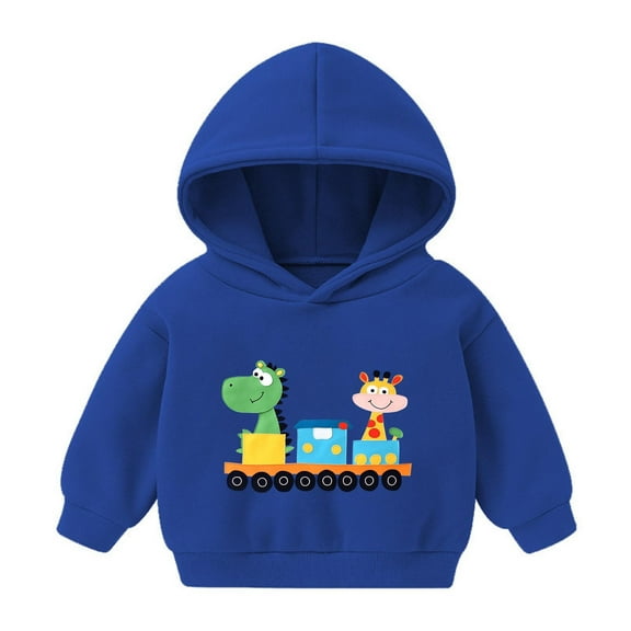 fnnxnal Toddler 4T Blue Hoodie, Soft Polyester with Dinosaur & Giraffe on Train Print, Machine Washable