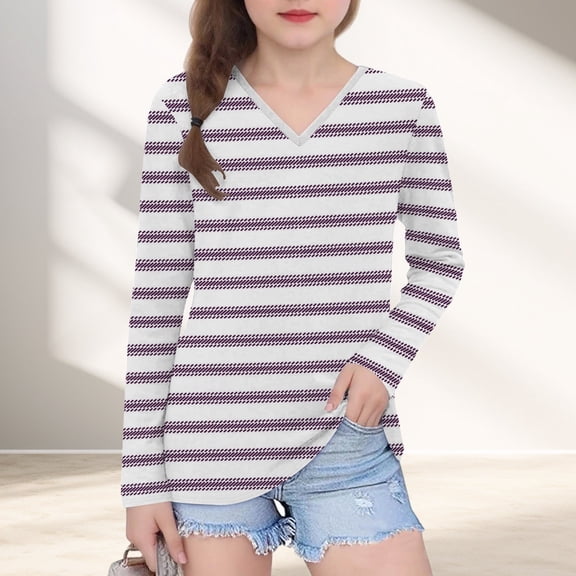 FAIOROI Toddler 4T Pink Striped V-Neck Long Sleeve Top - Stretchy & Wrinkle Resistant, Kids Everyday Essential